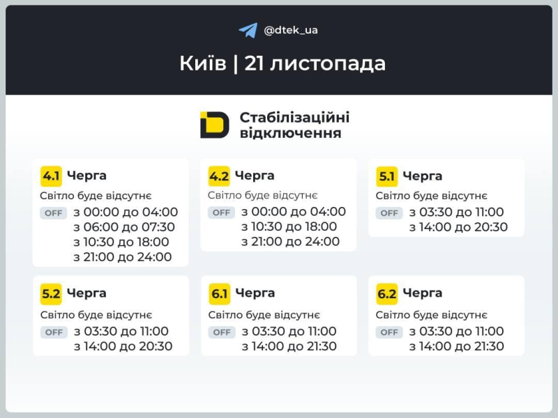 Графіки відключень 21 листопада: хто залишиться без світла в п&rsquo;ятницю