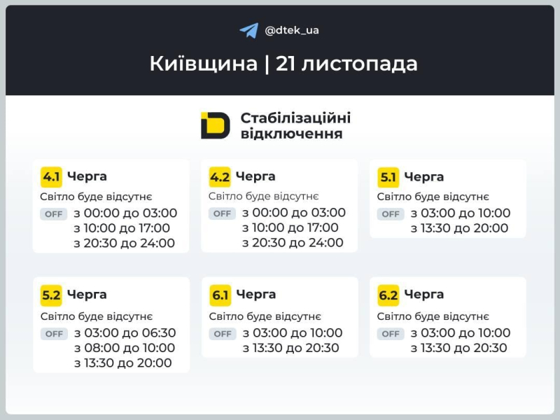 Графіки відключень 21 листопада: хто залишиться без світла в п&rsquo;ятницю