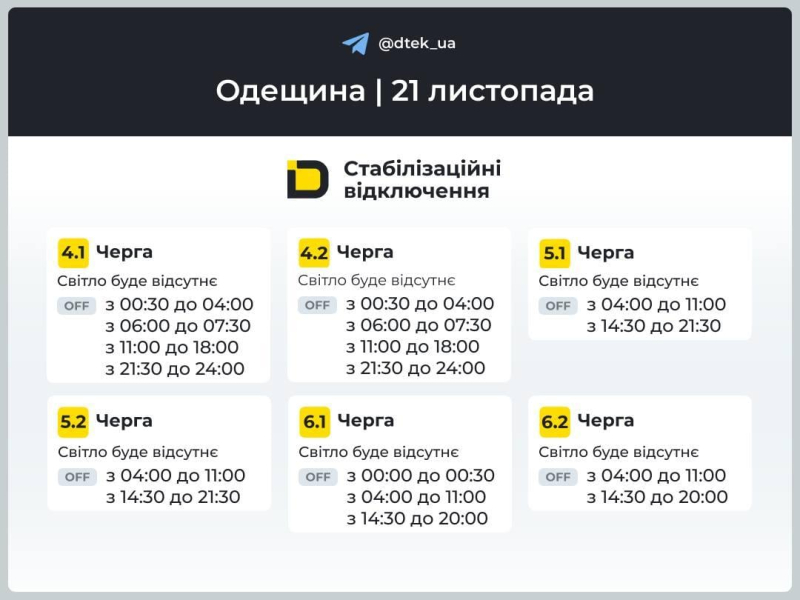 Графіки відключень 21 листопада: хто залишиться без світла в п&rsquo;ятницю