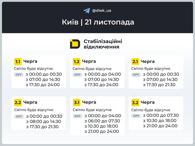 Графіки відключень 21 листопада: хто залишиться без світла в п&rsquo;ятницю