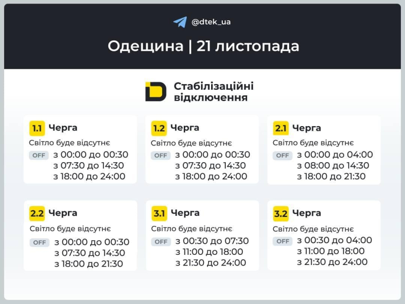 Графіки відключень 21 листопада: хто залишиться без світла в п&rsquo;ятницю