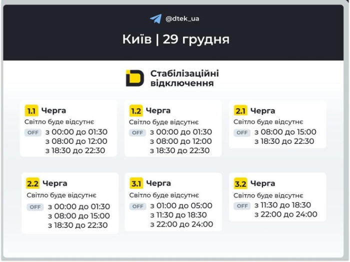 відключення світла Київ 29 грудня