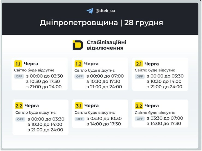 Графіки відключень світла на 28 грудня для 1-3 черг у Дніпропетровській області