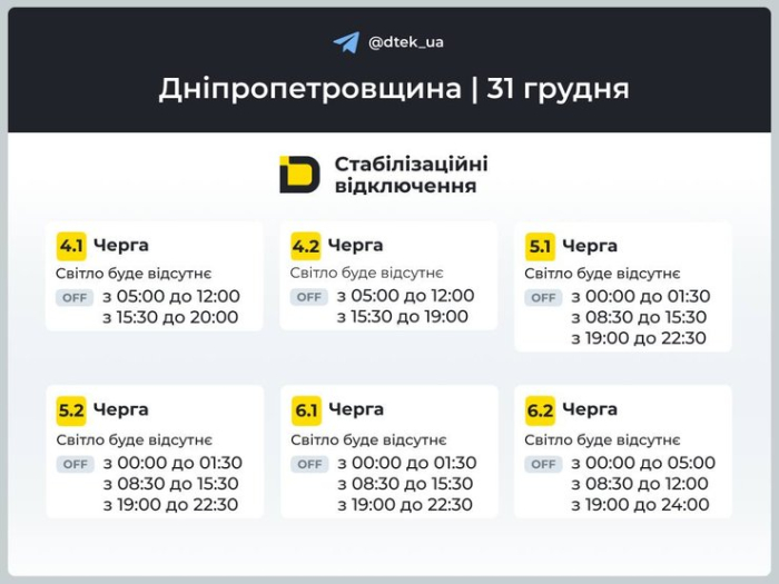 Графіки відключень світла в Дніпропетровській області на 31 грудня