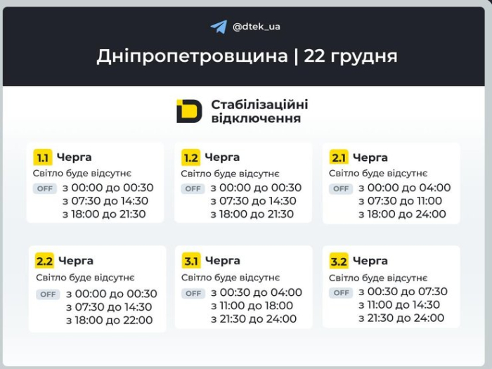 Графіки відключень світла на 22 грудня для 1-3 черг у Дніпропетровській області