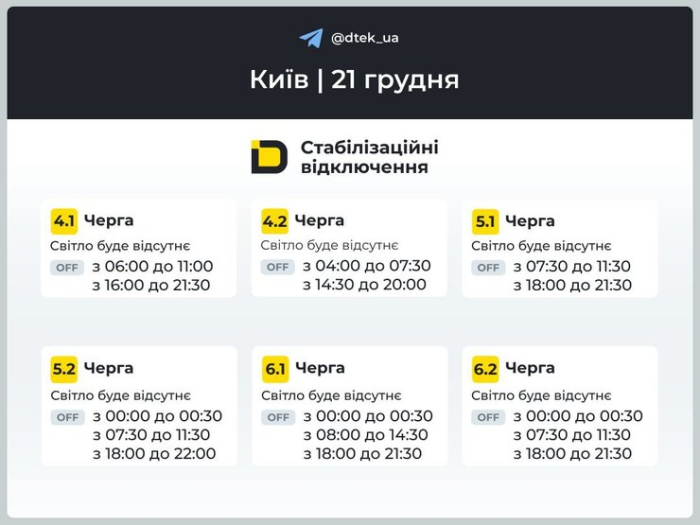 Графіки відключень світла на 21 грудня для 4-6 черг у Києві