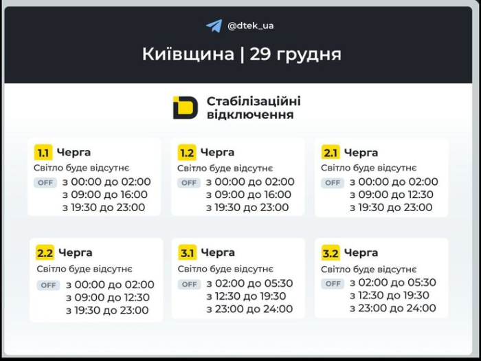 графіки відключень 29 грудня Київщина
