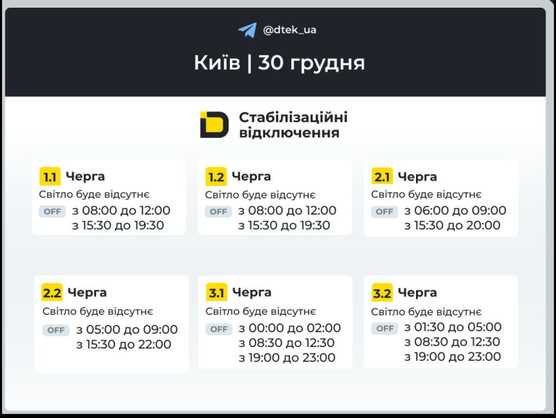 Київ: графіки відключення світла 30 грудня 2025 року