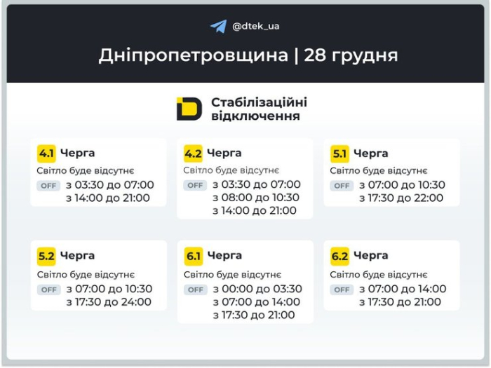 Графіки відключень світла на 22 грудня для 4-6 черг у Дніпропетровській області