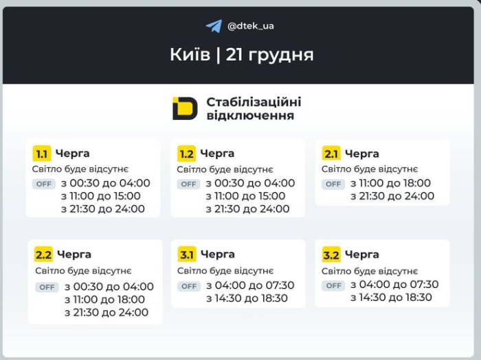 Графіки відключень світла на 21 грудня для 1-3 черг у Києві