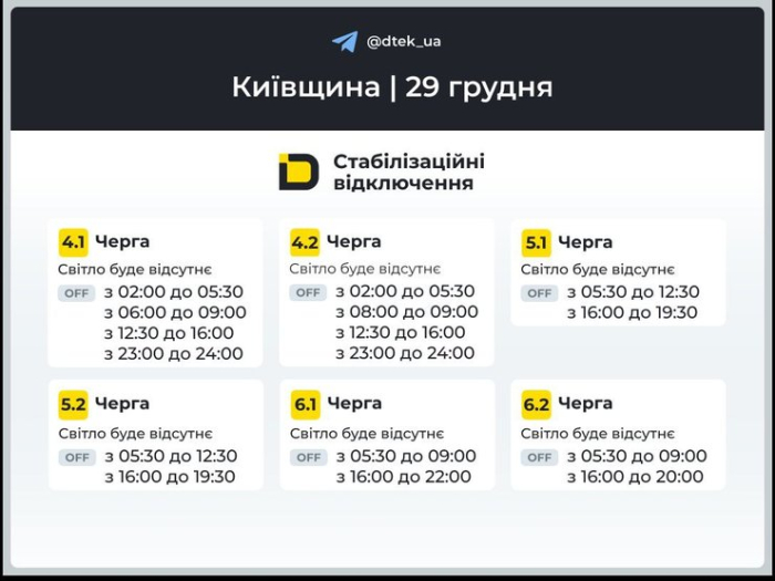 графіки відключень світла 29 грудня Київська область