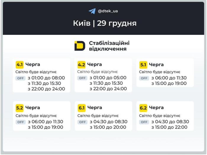 відключення світла Київ графіки 29 грудня