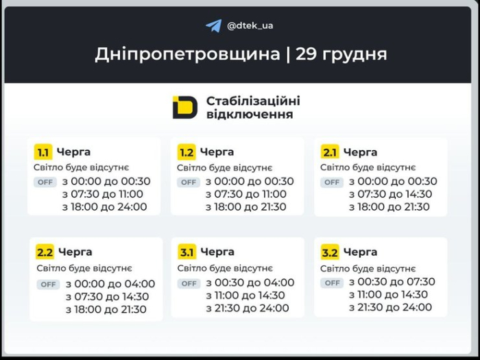 відключення світла 29 грудня