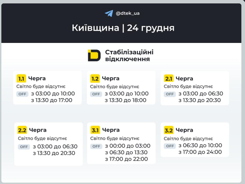 Київщина: графіки відключення світла 24 грудня 2025 року