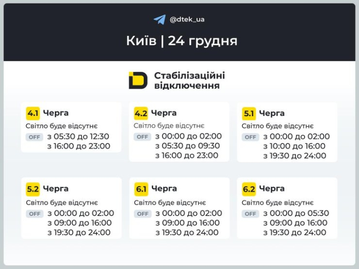 київ оновлені графіки відключень 24 грудня