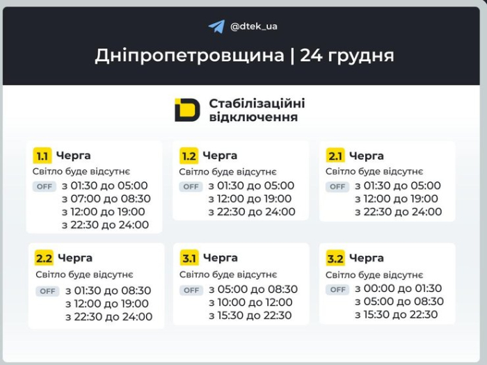 Графіки відключень світла в Дніпропетровській області на 24 грудня