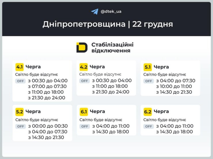 Графіки відключень світла на 22 грудня для 4-6 черг у Дніпропетровській області