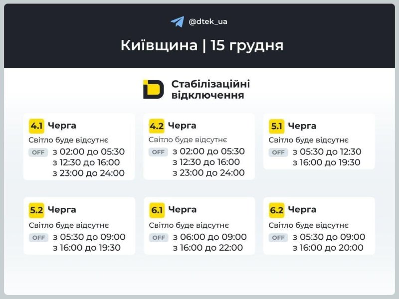 Графіки на 15 грудня: як відключатимуть світло в Україні у понеділок