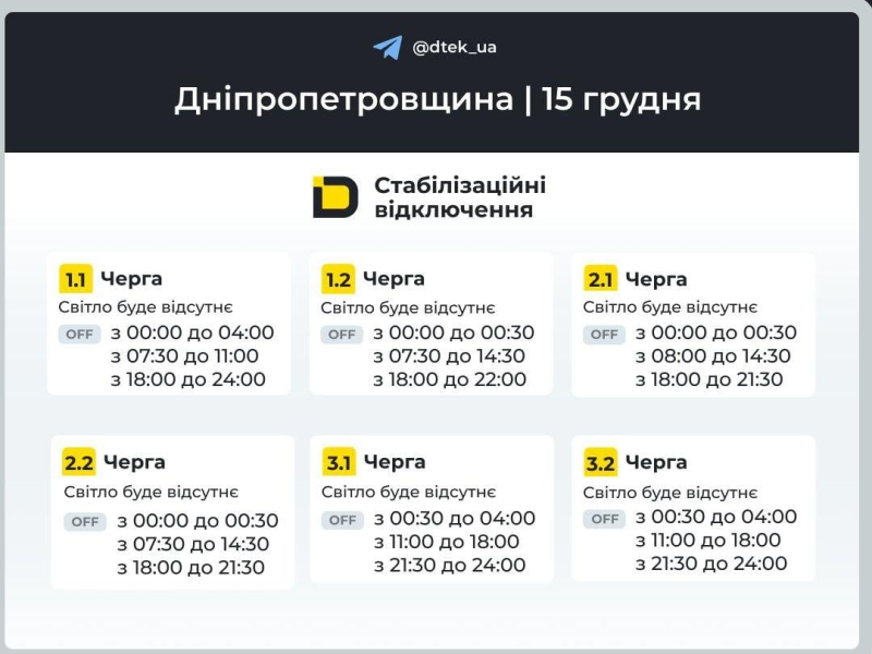 Графіки на 15 грудня: як відключатимуть світло в Україні у понеділок