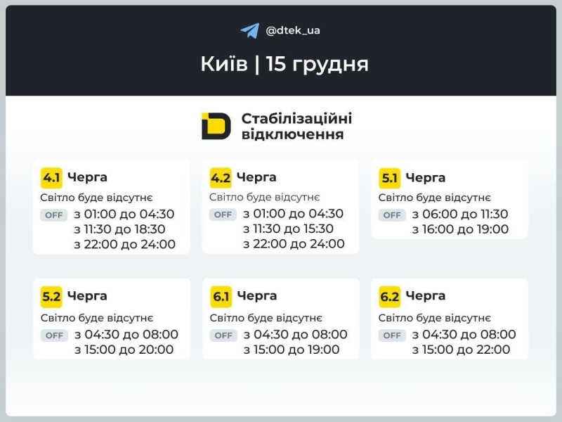 Графіки на 15 грудня: як відключатимуть світло в Україні у понеділок