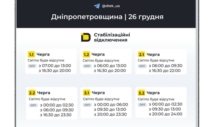 ПОГОДИННІ ВИМИКАННЯ СВІТЛА НА ДНІПРОПЕТРОВЩИНІ ТРИВАТИМУТЬ І СЬОГОДІ 26 ГРУДНЯ