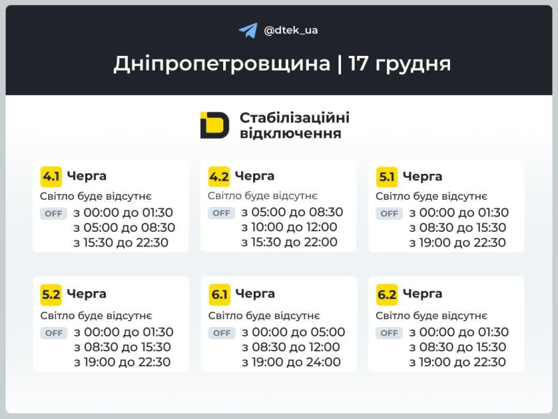 Відключення світла на 17 грудня: коли не буде електроенергії у середу