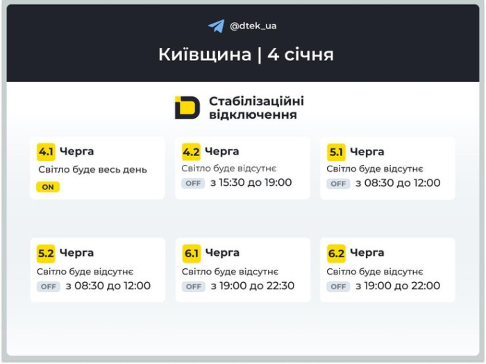 Графіки відключень світла на 4 січня 2026 року для 4–6 черг у Київській області