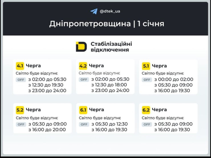 Графіки відключень світла в Дніпропетровській області на 1 січня 2026 року