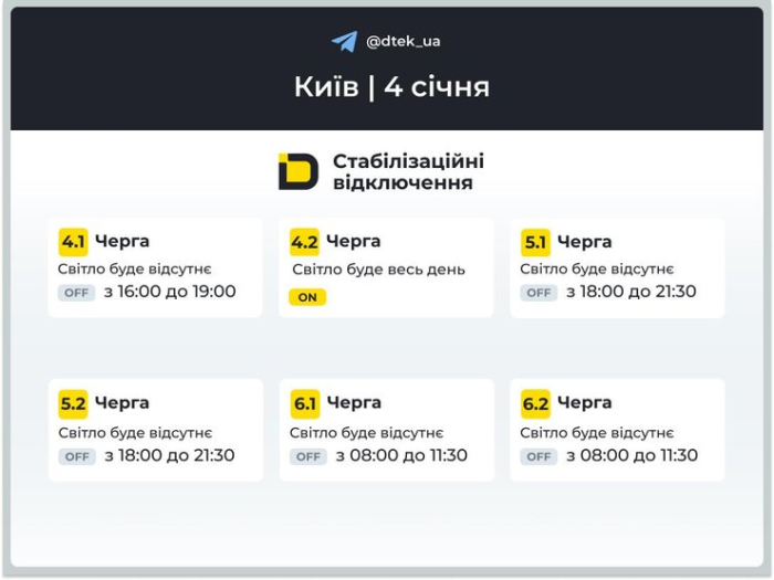 Графіки відключень світла на 4 січня 2026 року для 4–6 черг у Києві