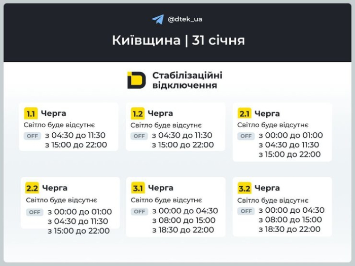 Графіки відключень світла на 31 січня для 1–3 черг у Київській області