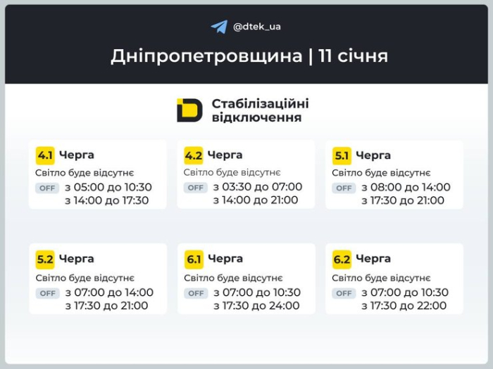 Графіки погодинних відключень у Дніпропетровській області на 11 січня