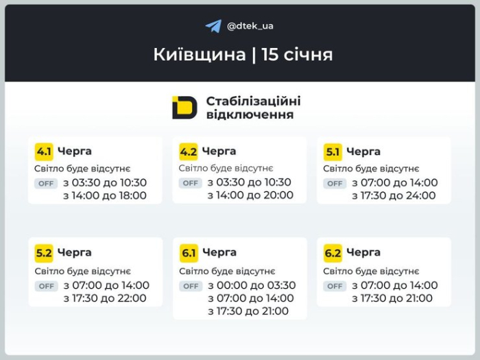 Графіки погодинних відключень світла у Київській області на 15 січня для 4-6 черг