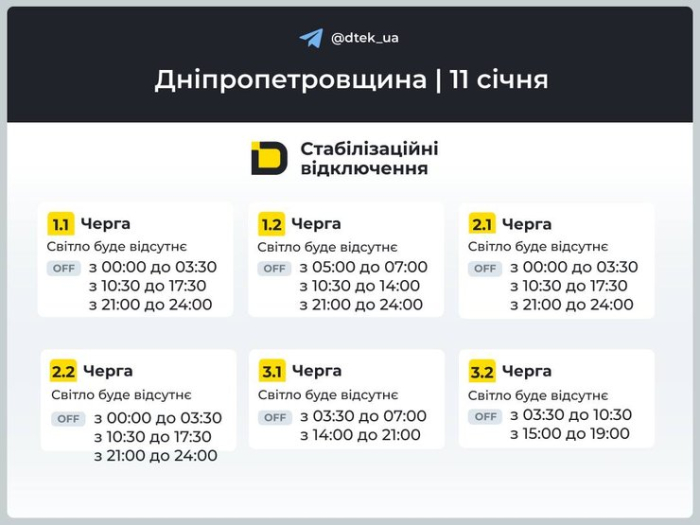 Графіки погодинних відключень у Дніпропетровській області на 11 січня