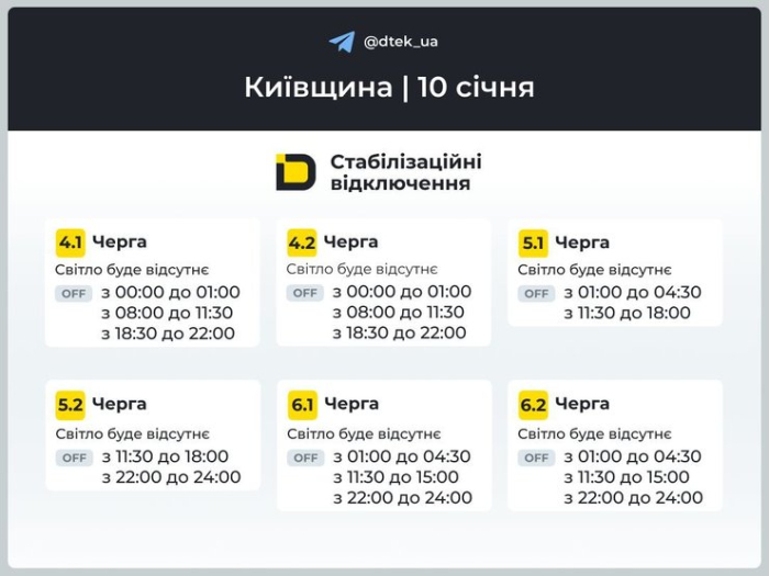 Графіки відключень світла на 10 січня для 4–6 черг у Київській області