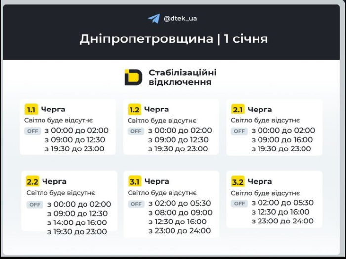 Графіки відключень світла в Дніпропетровській області на 1 січня 2026 року