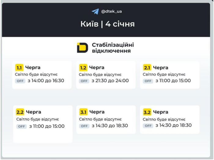 Графіки відключень світла на 4  січня 2026 року для 1–3 черг у Києві