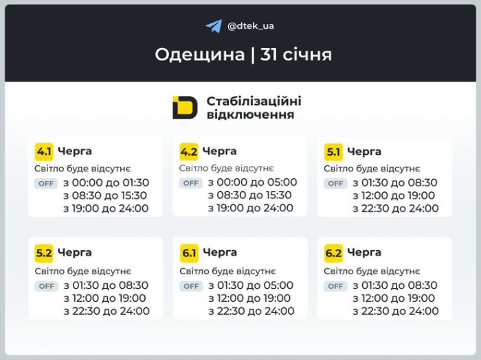 Графіки відключень світла на 31 січня для 4–6 черг в Одеській області