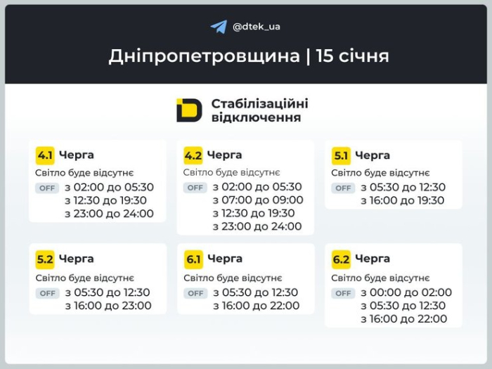 Графіки погодинних відключень світла у Дніпропетровській області на 15 січня для 4-6 черг