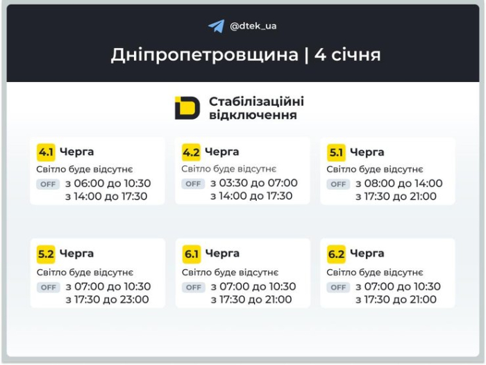Графіки відключень світла на 4 січня 2026 року для 4–6 черг у Дніпропетровській області