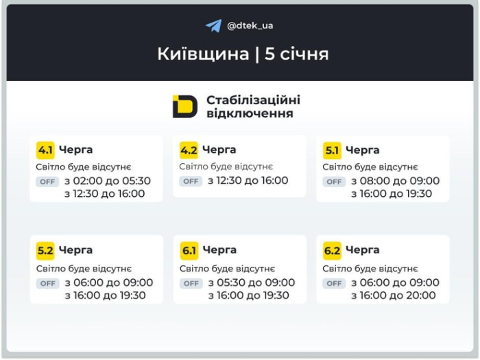 Графіки відключень світла 5 січня у Київській області