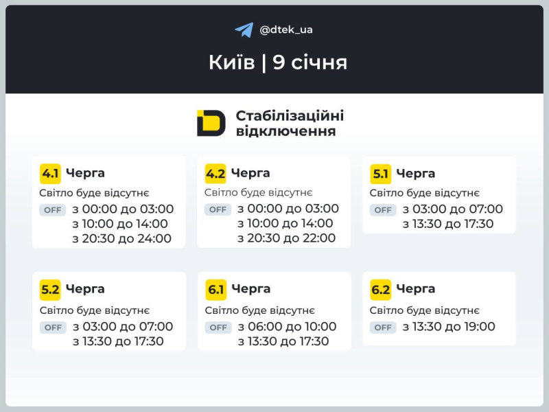 Київ: графіки відключення світла 9 січня 2026 року