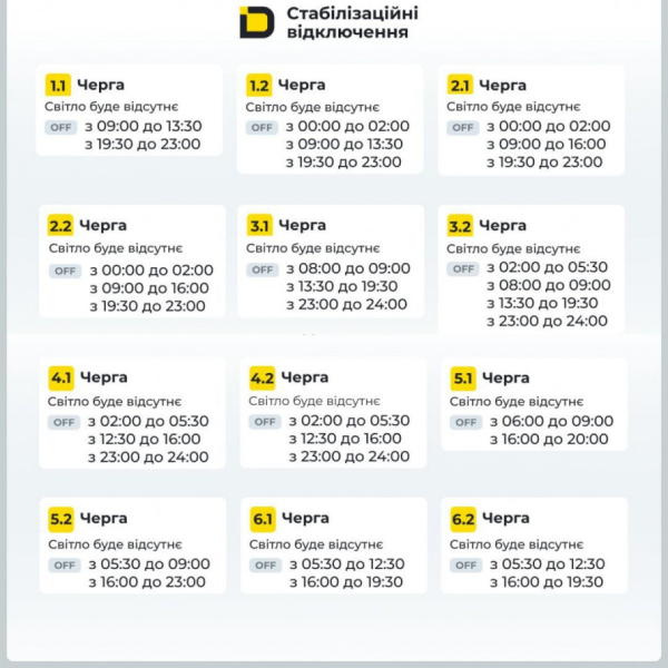Графіки подачі електроенергії у Січеславщині в четвер, 8 січня
