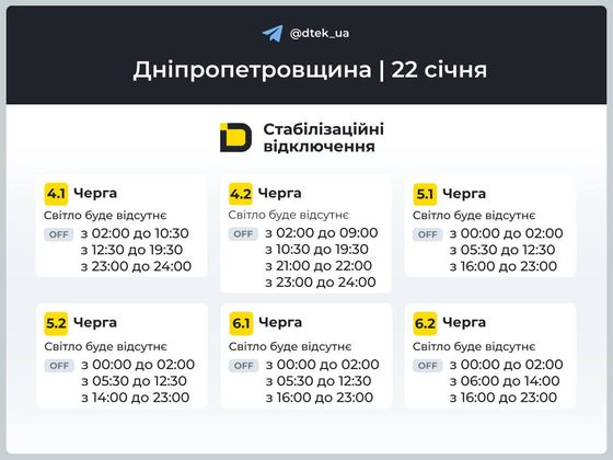 Графіки подачі електроенергії в Дніпрі та області у четвер, 22 січня
