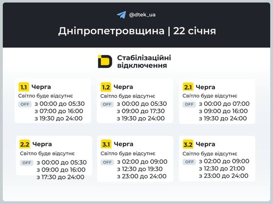 Графіки подачі електроенергії в Дніпрі та області у четвер, 22 січня