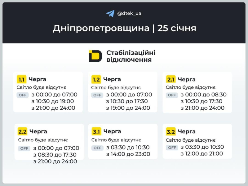 Графіки відключень електроенергії: коли не буде світла 25 січня