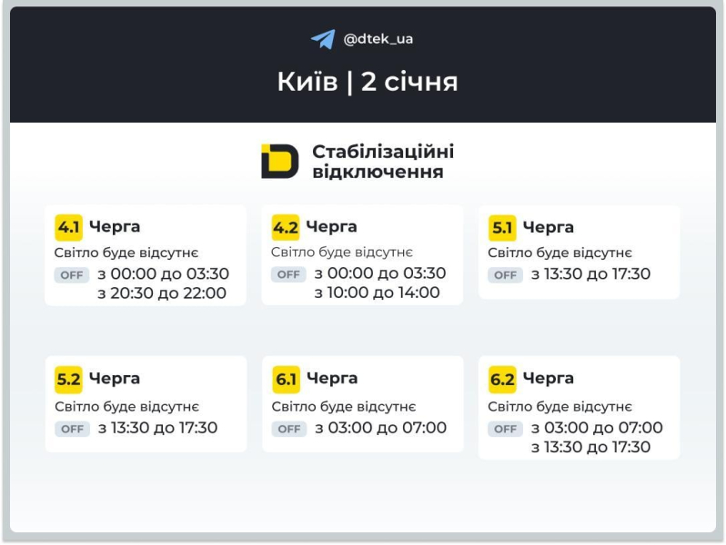 Графіки відключень на 2 січня: коли не буде світла в п'ятницю