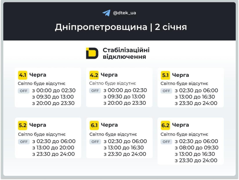 Графіки відключень на 2 січня: коли не буде світла в п'ятницю