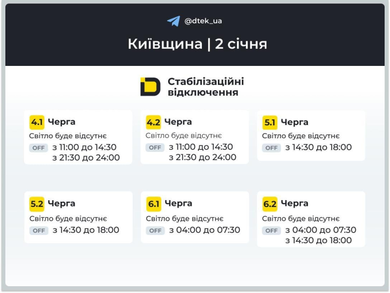 Графіки відключень на 2 січня: коли не буде світла в п'ятницю