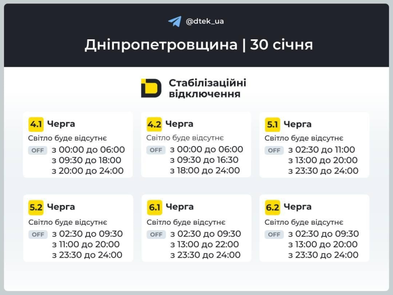 Графіки відключень світла на 30 січня: коли не буде електрики в п’ятницю