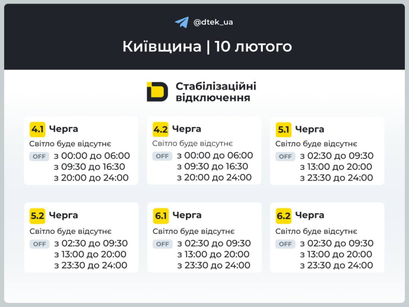 Київщина: графіки відключення світла 10 лютого 2026 року